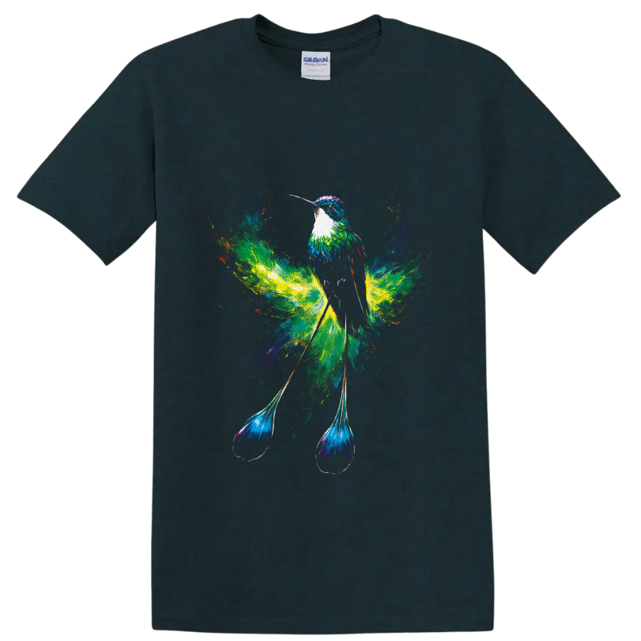 Colorful hummingbird with flowing tail feathers in a vibrant watercolor splash design on a Midnight (Green) T Shirt