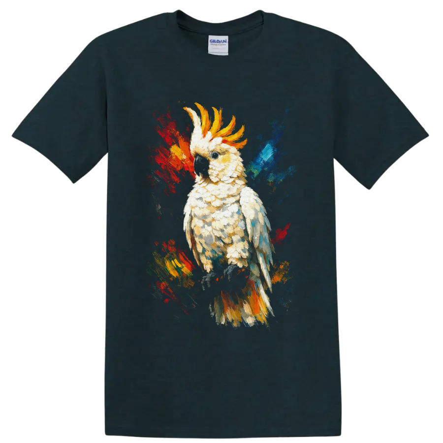 White cockatoo with golden crest in colorful textured watercolor splash art on a Midnight (Green) T Shirt
