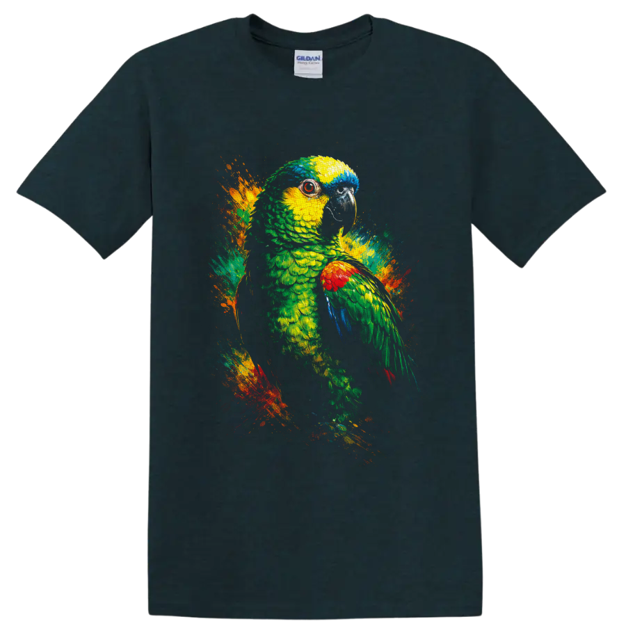 Colorful parrot portrait with tropical paint splashes in a vivid painterly style on a Midnight (Green) T Shirt