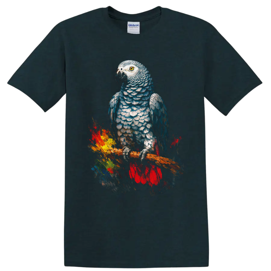African grey parrot watercolor-style portrait perched on a branch with colorful paint on a Midnight (Green) T Shirt