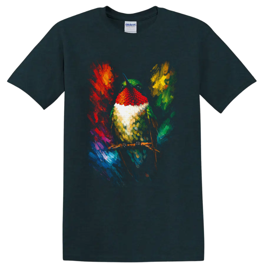Colorful painterly hummingbird perched on a branch with abstract tropical brushstrokes on a Midnight (Green) T Shirt