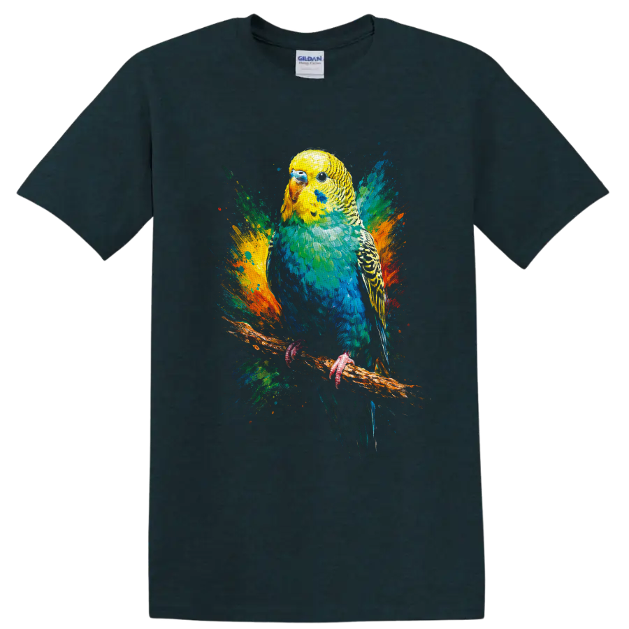 Color splash painting of a yellow and blue budgerigar perched on a branch on a Midnight (Green) T Shirt