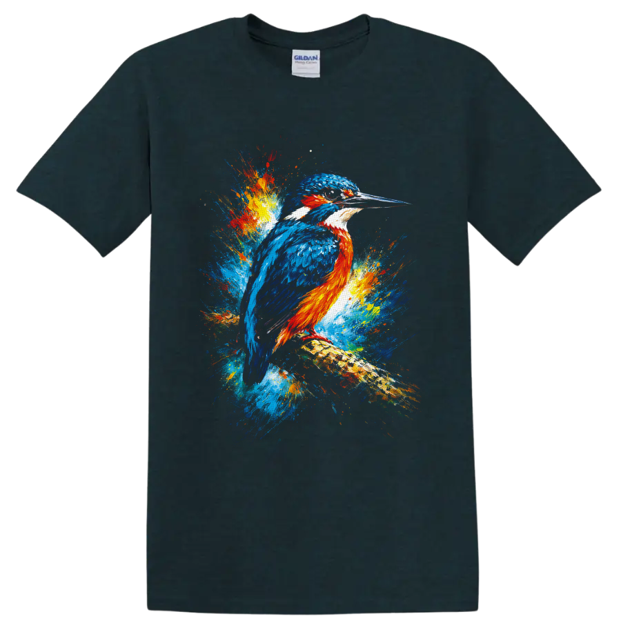 Blue and orange kingfisher perched on a branch in vibrant multicolor splash art on a Midnight (Green) T Shirt