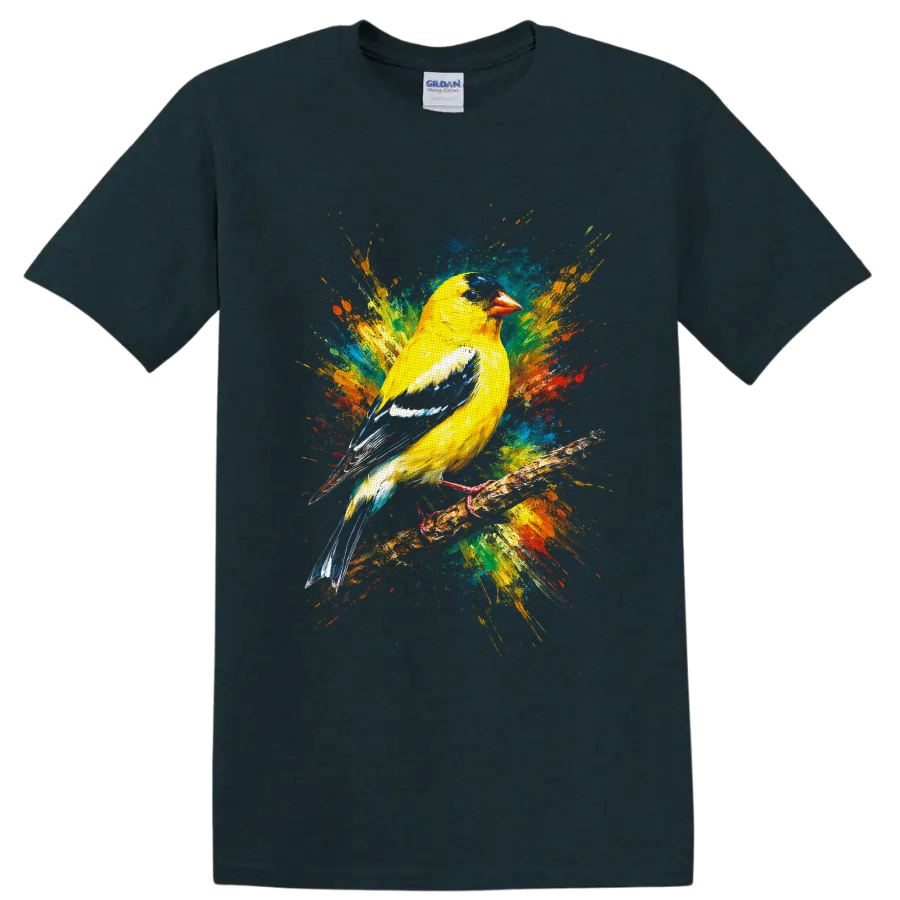 American goldfinch perched on a branch with vibrant abstract paint splashes on a Midnight (Green) T Shirt