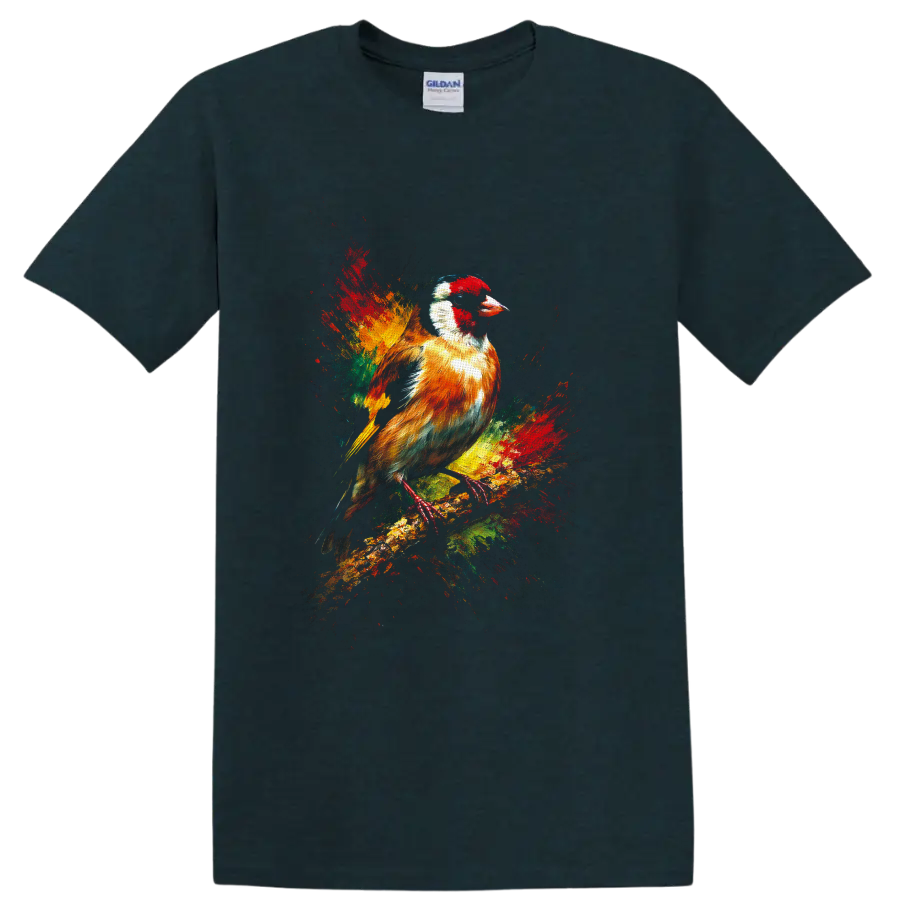 European goldfinch perched on a branch in colorful paint-splash wildlife art on a Midnight (Green) T Shirt