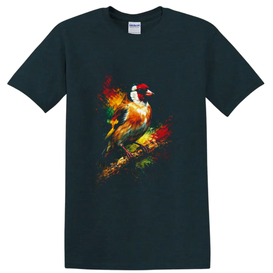 European goldfinch perched on a branch in colorful paint-splash wildlife art on a Midnight (Green) T Shirt