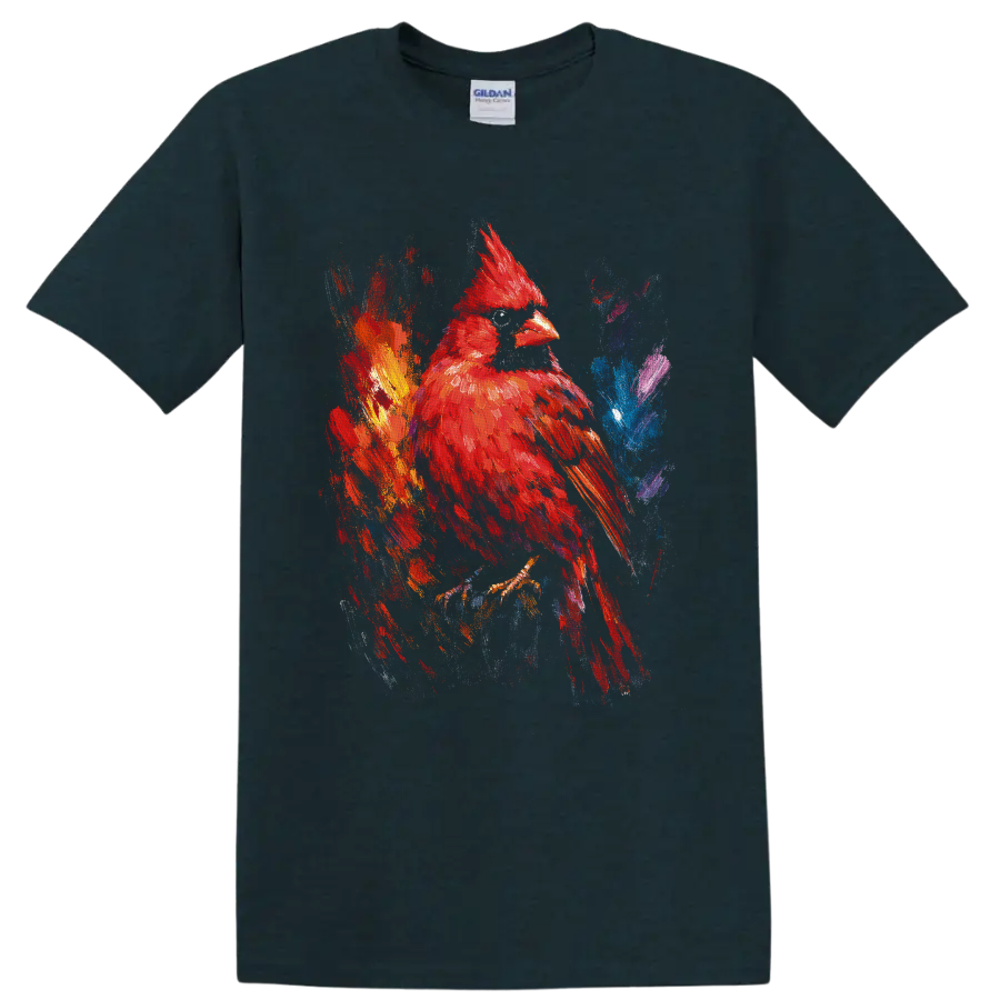 Red cardinal in colorful abstract paint splash wildlife art on a Midnight (Green) T Shirt