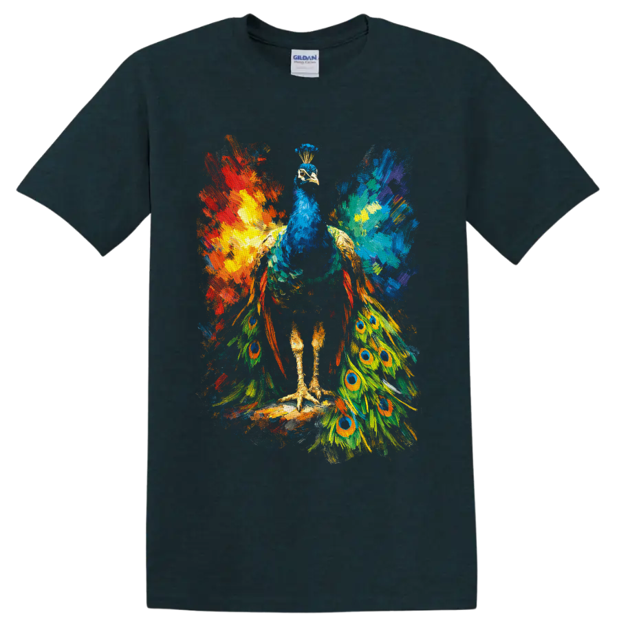 Colorful abstract painterly peacock with blue body and eye-patterned tail feathers on a Midnight (Green) T Shirt