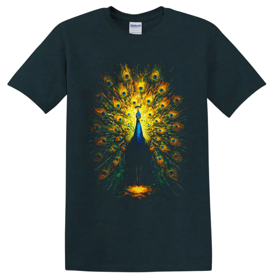 Colorful painterly peacock with a fully spread fan of eye-patterned feathers on a Midnight (Green) T Shirt