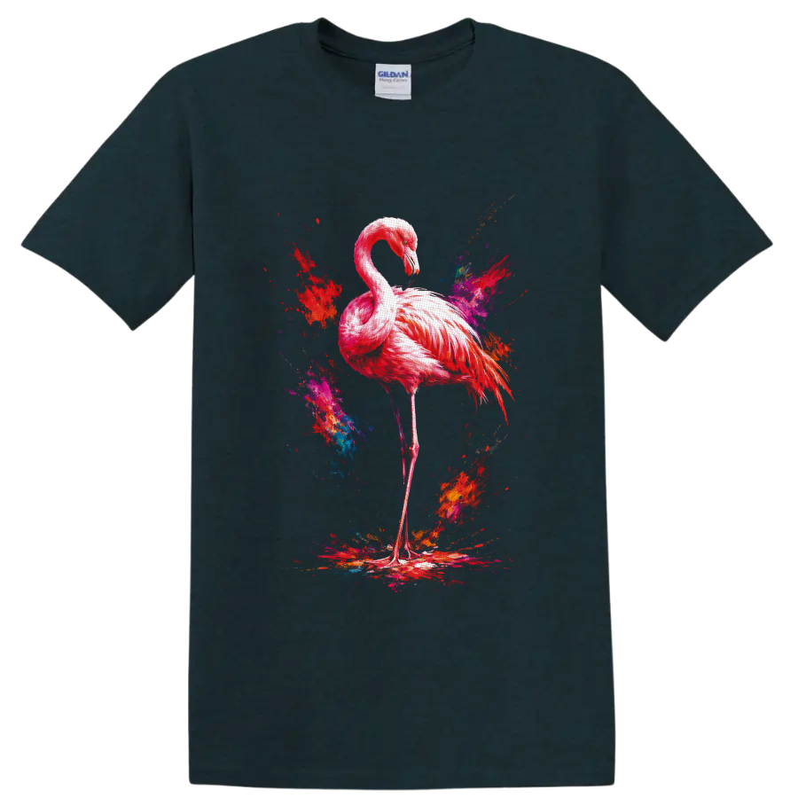Pink flamingo in vivid abstract paint-splash art on a Midnight (Green) T Shirt