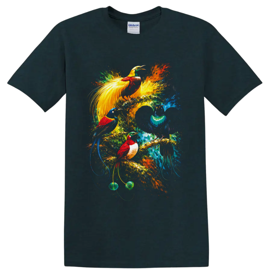Colorful painterly tropical birds with long tails amid vibrant rainforest splashes on a Midnight (Green) T Shirt