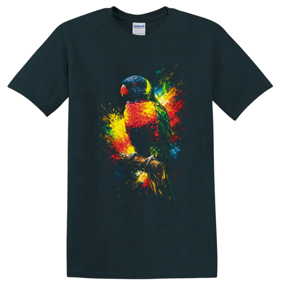 Rainbow lorikeet perched on a branch in vibrant multicolor paint-splash art on a Midnight (Green) T Shirt