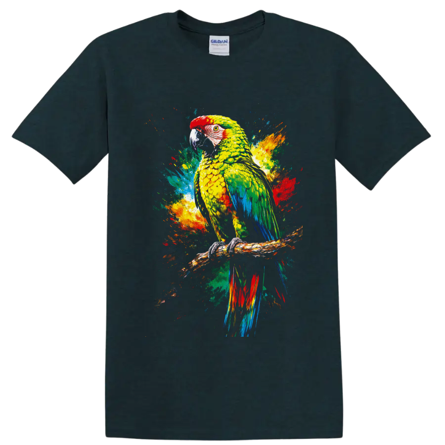 Colorful parrot wildlife art with tropical paint splashes on a branch on a Midnight (Green) T Shirt