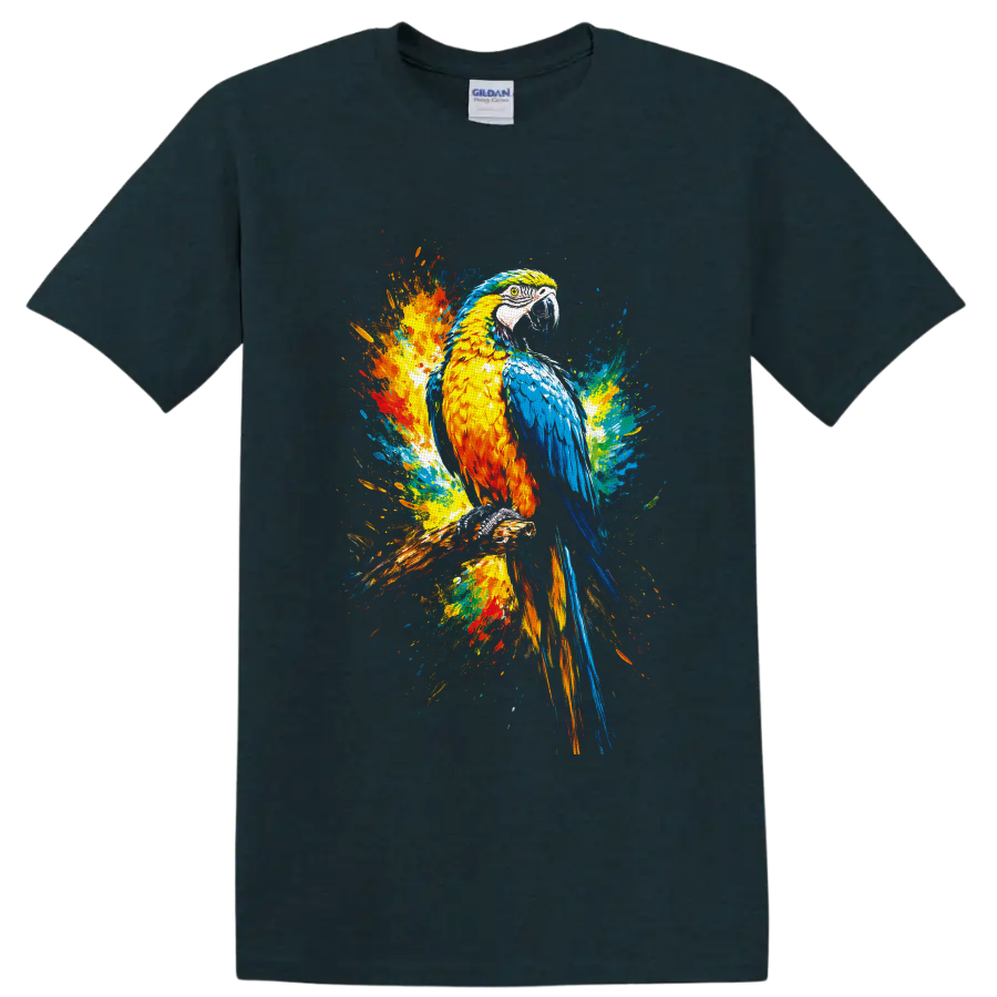 Colorful macaw parrot perched on a branch in vibrant paint splash art on a Midnight (Green) T Shirt