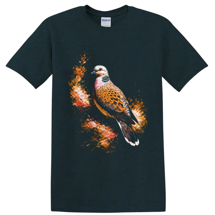 Watercolor turtle dove perched on a textured woodland branch with warm foliage on a Midnight (Green) T Shirt