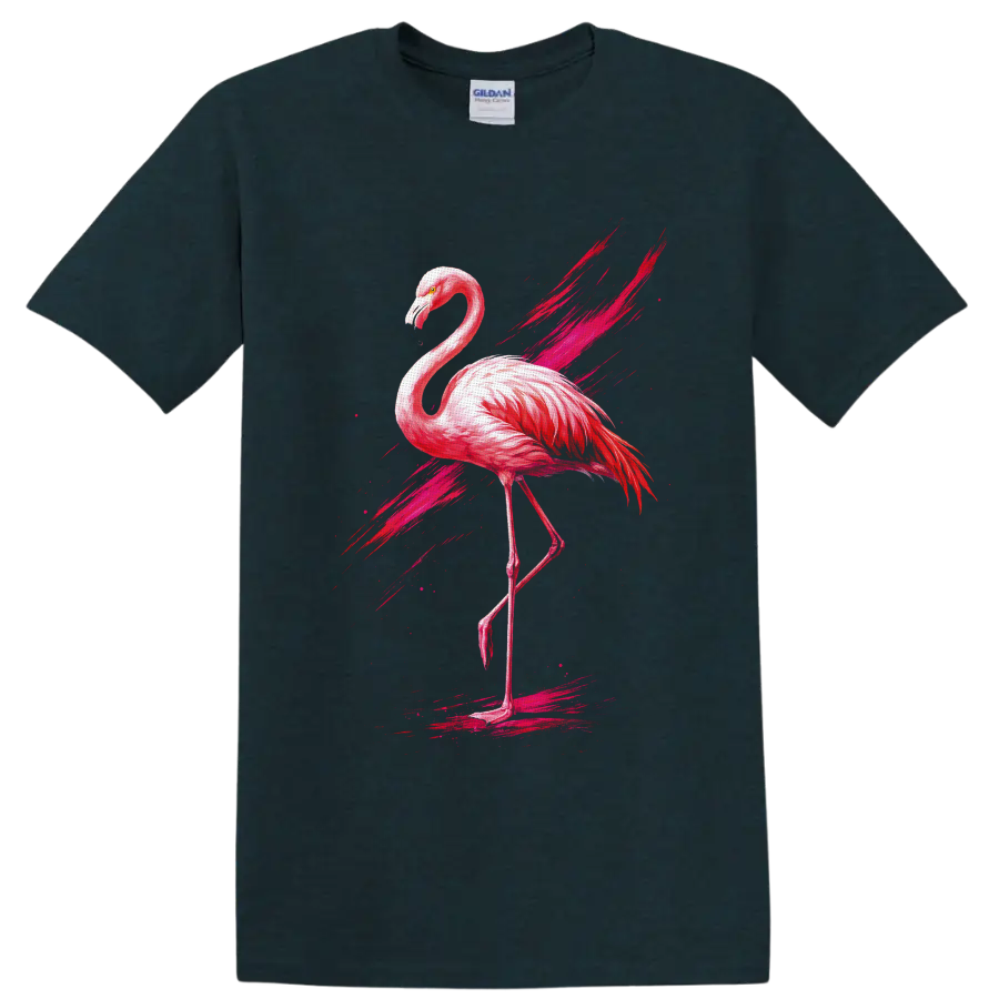 Pink flamingo in watercolor style with fuchsia brushstroke and splatter accents on a Midnight (Green) T Shirt