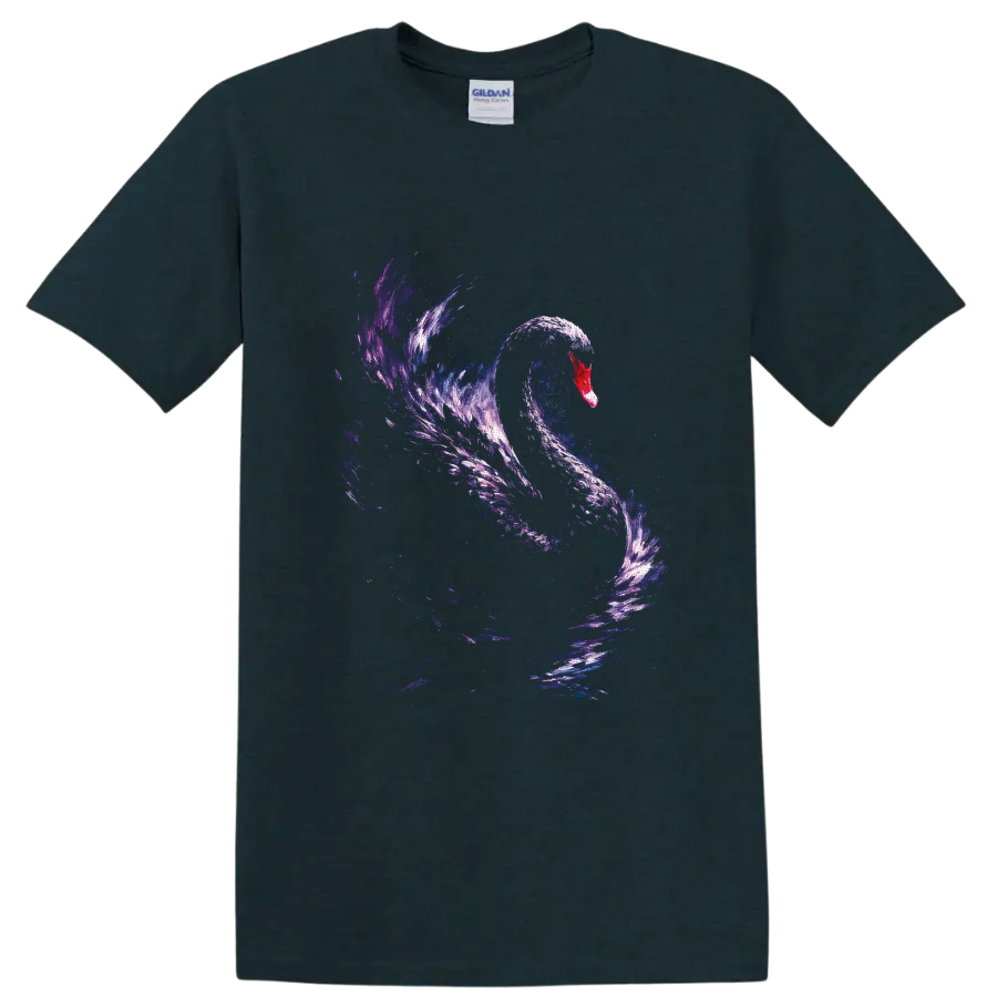 Cosmic watercolor swan with a red bill and flowing blue and purple galaxy brushstrokes on a Midnight (Green) T Shirt