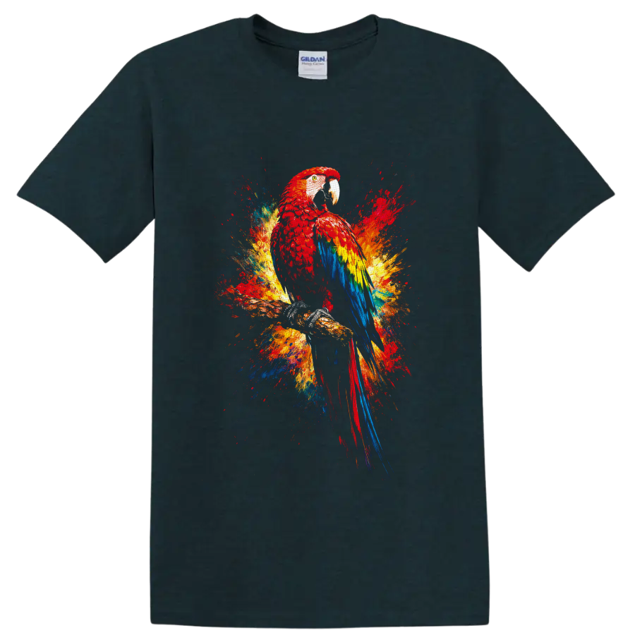 Scarlet macaw perched on a branch with colorful tropical paint-splash art on a Midnight (Green) T Shirt
