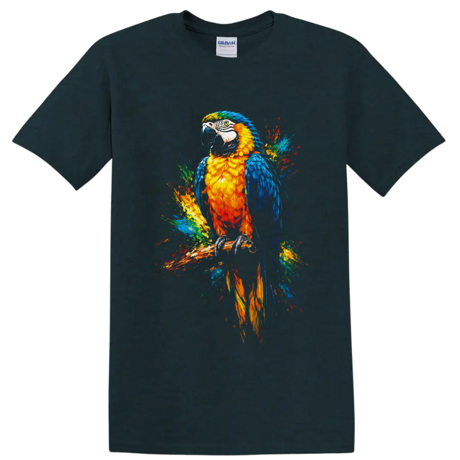 Colorful macaw parrot perched on a branch in vivid tropical paint-splash art on a Midnight (Green) T Shirt