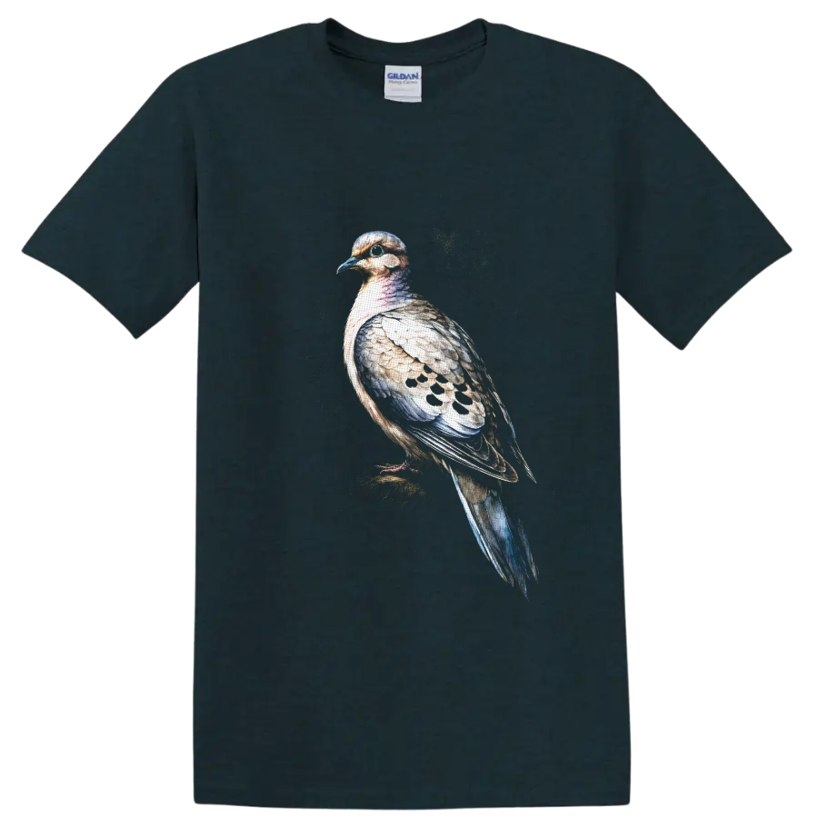 Watercolor-style mourning dove portrait with spotted wings and speckled backdrop on a Midnight (Green) T Shirt