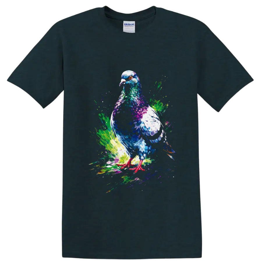 Colorful paint splash pigeon illustration with vivid layered feathers and orange eye on a Midnight (Green) T Shirt