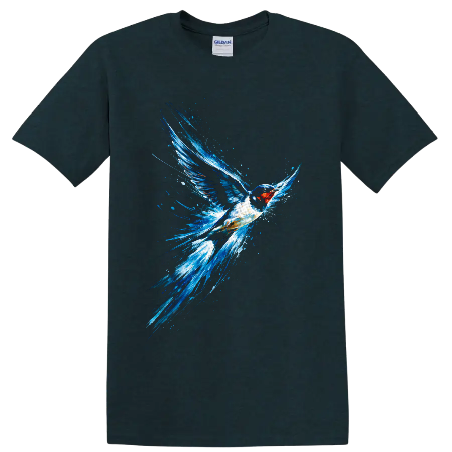 Barn swallow in flight with vivid blue watercolor splashes and a rust-red throat on a Midnight (Green) T Shirt