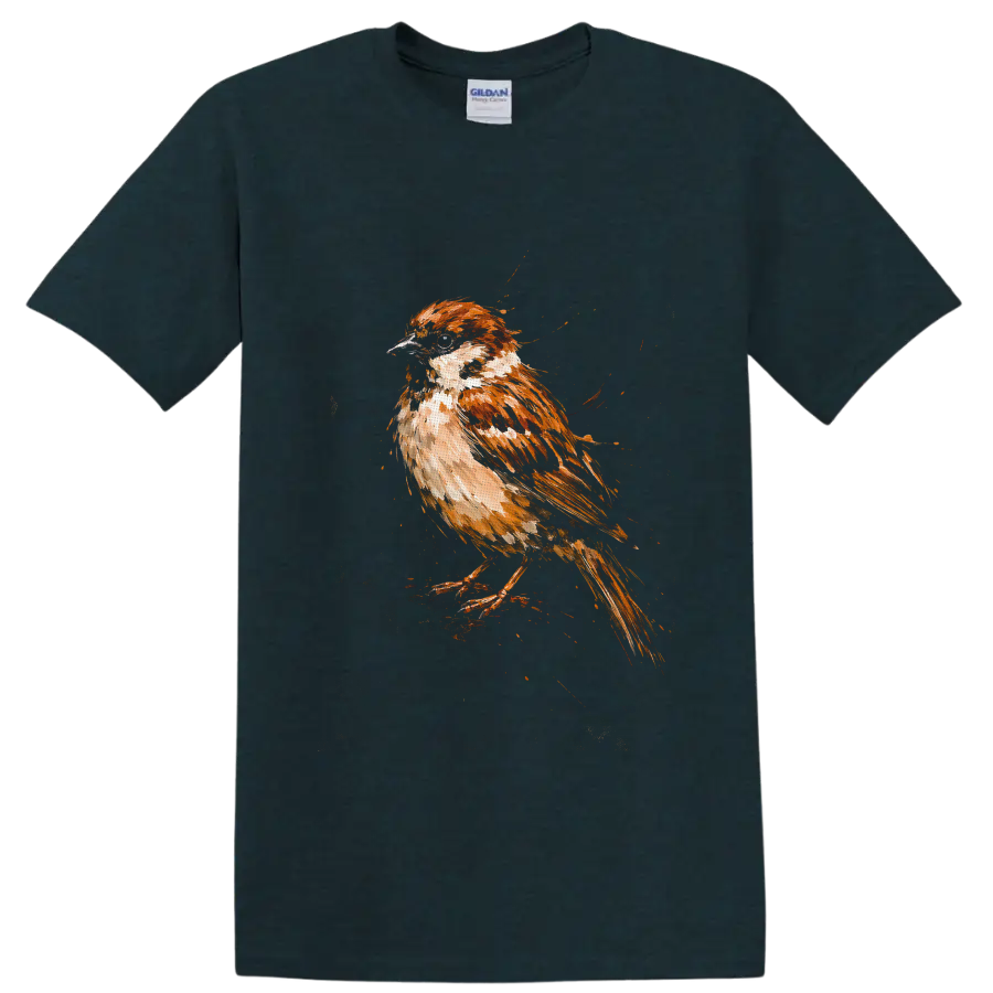 Watercolor-style house sparrow perched in warm brown and cream painterly strokes on a Midnight (Green) T Shirt