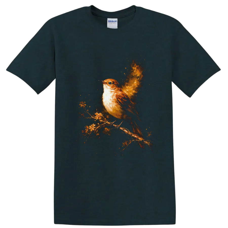 Painterly brown sparrow on a flowering branch with a glowing golden fireburst on a Midnight (Green) T Shirt