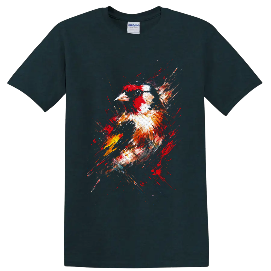 Northern Cardinal portrait in expressive red and white paint-splash wildlife art on a Midnight (Green) T Shirt