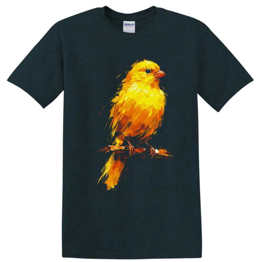 Colorful painted yellow songbird perched on a rustic branch on a Midnight (Green) T Shirt
