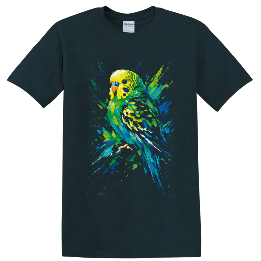 Colorful budgerigar parakeet in expressive blue, green, and yellow brushstroke art on a Midnight (Green) T Shirt