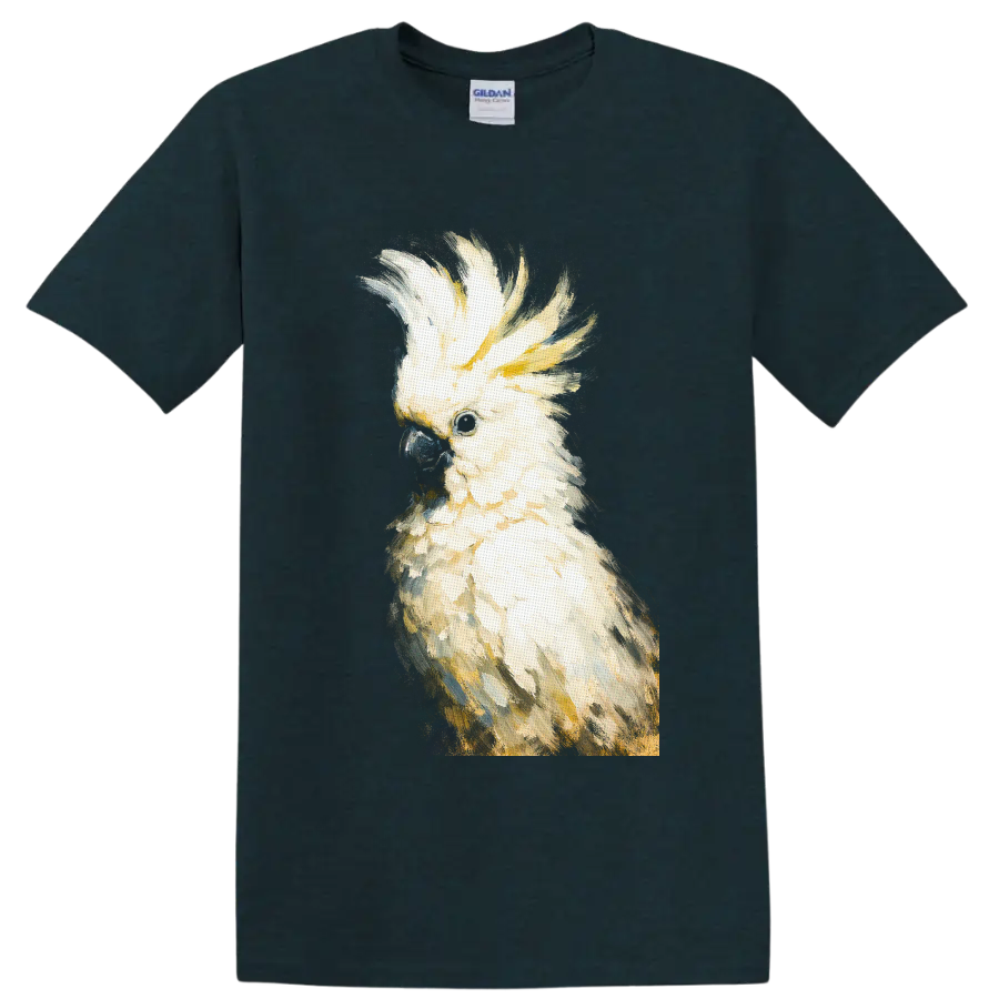Painterly sulphur-crested cockatoo portrait with raised yellow crest on a Midnight (Green) T Shirt