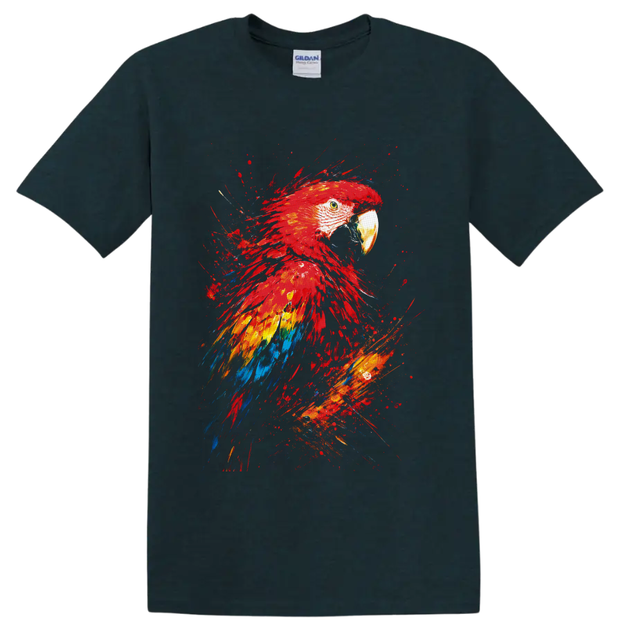 Scarlet Macaw portrait in vibrant red, yellow, blue, and orange paint splash art on a Midnight (Green) T Shirt