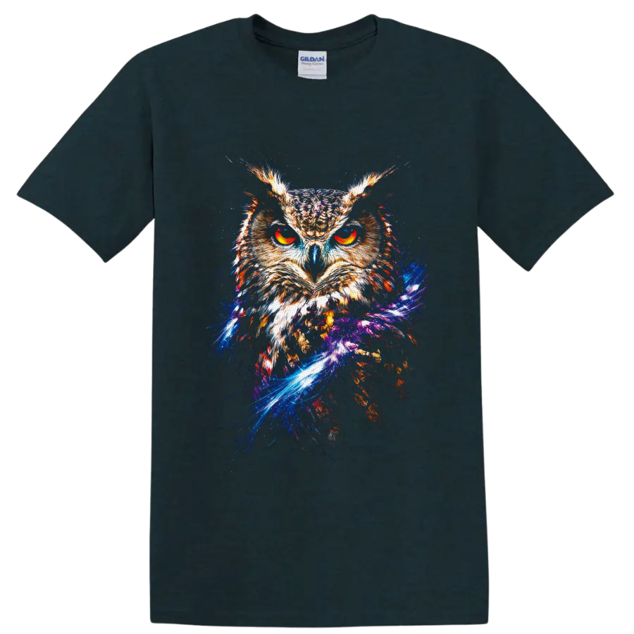 Fiery owl portrait with glowing orange eyes and cosmic galaxy splash artwork on a Midnight (Green) T Shirt