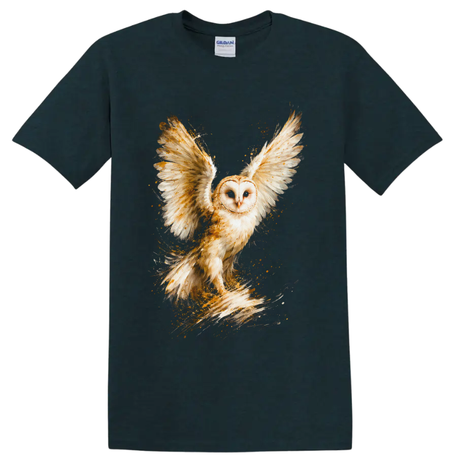 Barn owl in flight with spread wings in golden watercolor wildlife art on a Midnight (Green) T Shirt