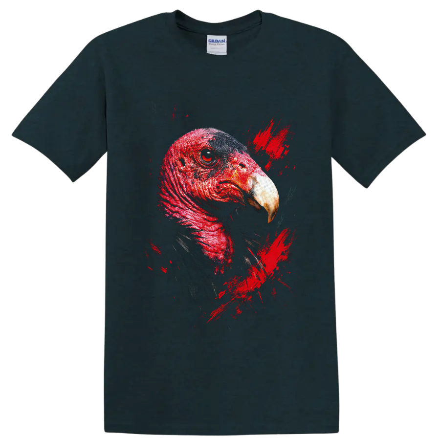 Red turkey bird portrait in detailed grunge style with distressed paint splashes on a Midnight (Green) T Shirt
