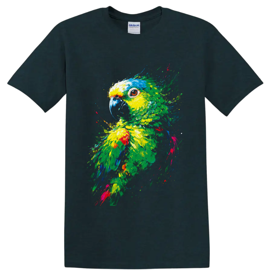 Colorful parrot portrait in vibrant tropical paint splatter art on a Midnight (Green) T Shirt
