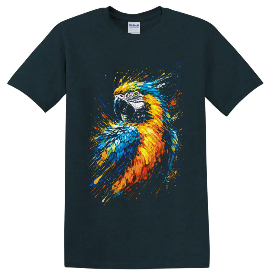 Colorful macaw parrot portrait in vivid blue, yellow, and orange paint-splash art on a Midnight (Green) T Shirt