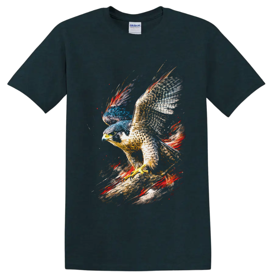 Peregrine falcon on a branch in colorful paint-splash wildlife art on a Midnight (Green) T Shirt