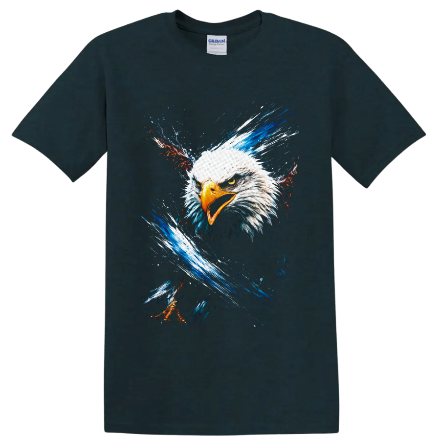 Fierce bald eagle portrait with red, white, and blue splash art on a Midnight (Green) T Shirt