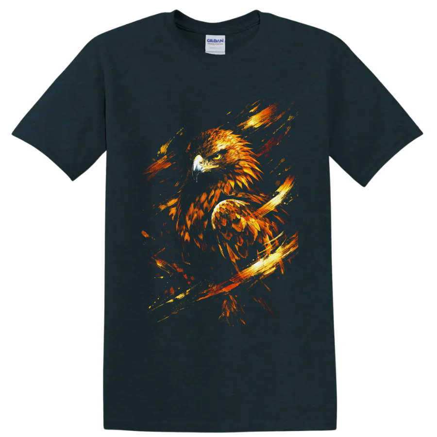 Fiery golden eagle illustration with textured feathers and red-orange brushstrokes on a Midnight (Green) T Shirt