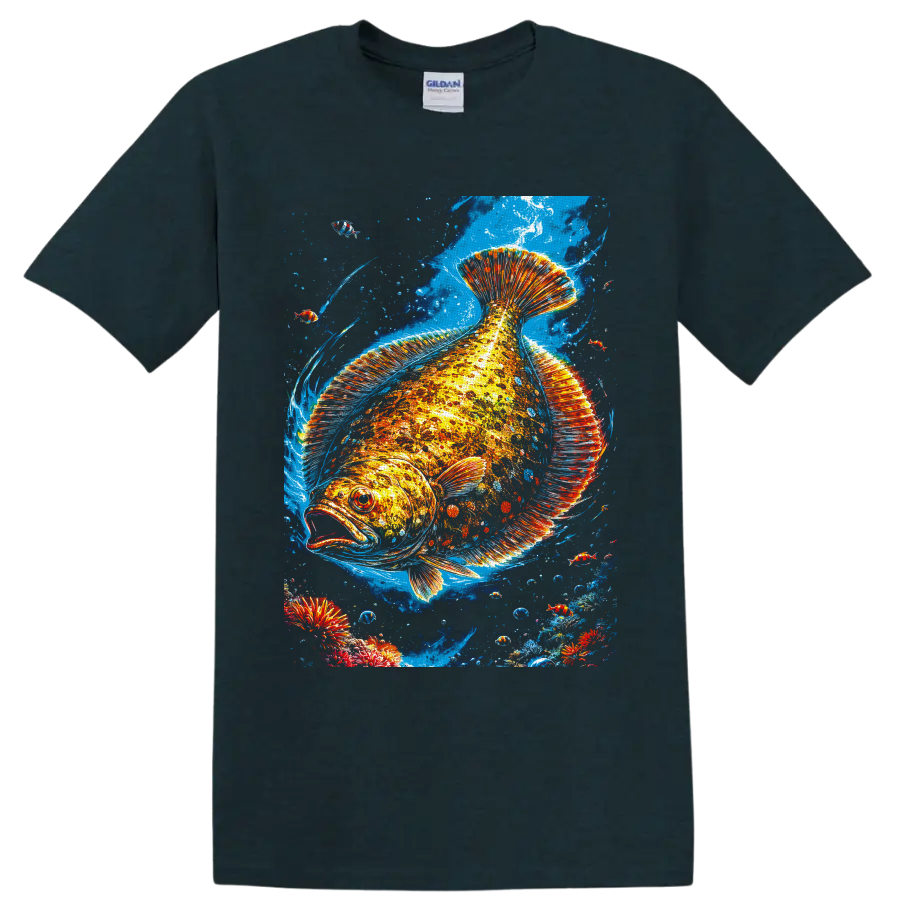 Vibrant tropical fish illustration with fiery fins, blue currents, bubbles, and small fish on a Midnight (Green) T Shirt