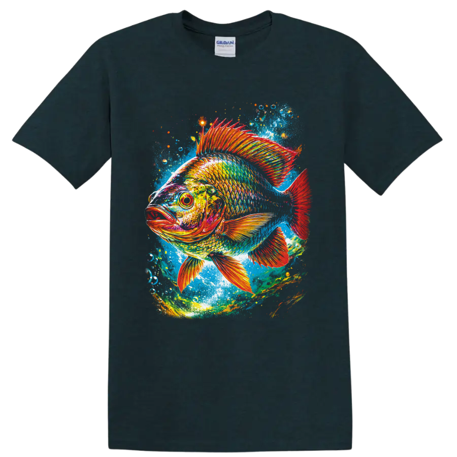 Colorful tropical fish with fiery fins in painterly underwater splash art on a Midnight (Green) T Shirt