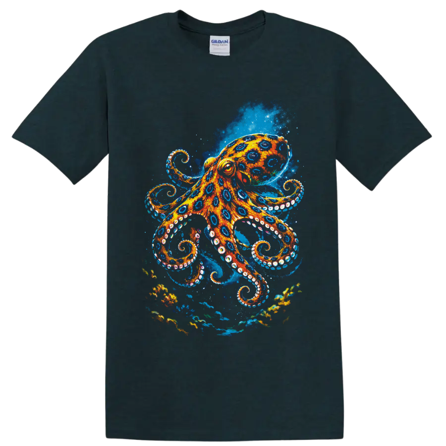 Vibrant orange and blue painterly octopus in a swirling underwater ocean scene on a Midnight (Green) T Shirt
