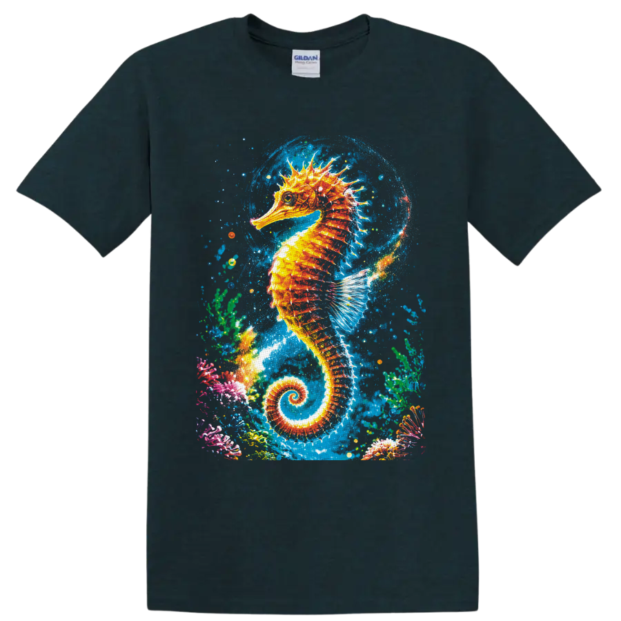 Vibrant splash-art seahorse surrounded by coral, bubbles, and blue underwater textures on a Midnight (Green) T Shirt