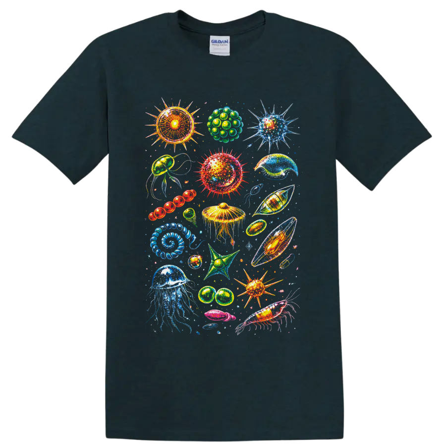 Colorful jellyfish, shrimp, shells, and microscopic sea life illustration on a Midnight (Green) T Shirt