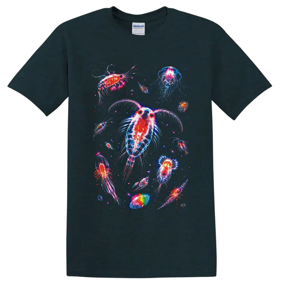 Neon bioluminescent plankton and jellyfish-like aquatic animals in glowing ocean art on a Midnight (Green) T Shirt