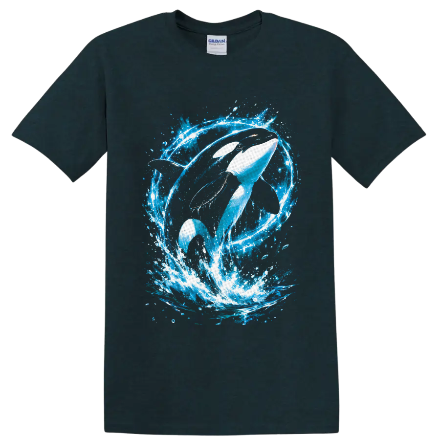 Orca whale leaping through a vivid blue ocean splash in painterly graphic style on a Midnight (Green) T Shirt