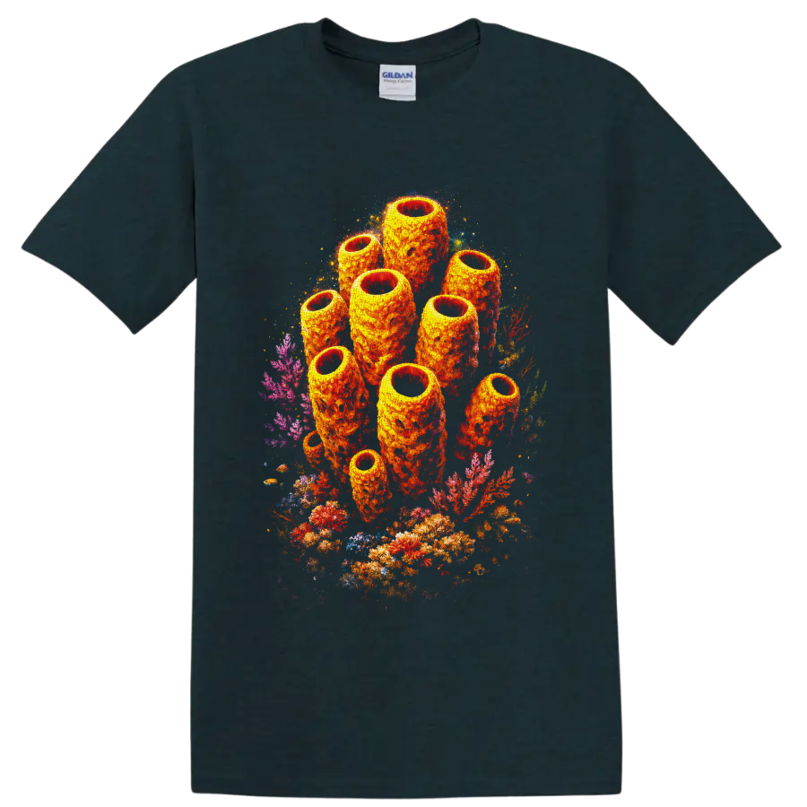 Vibrant orange sea sponge cluster with colorful coral reef artwork on a Midnight (Green) T Shirt