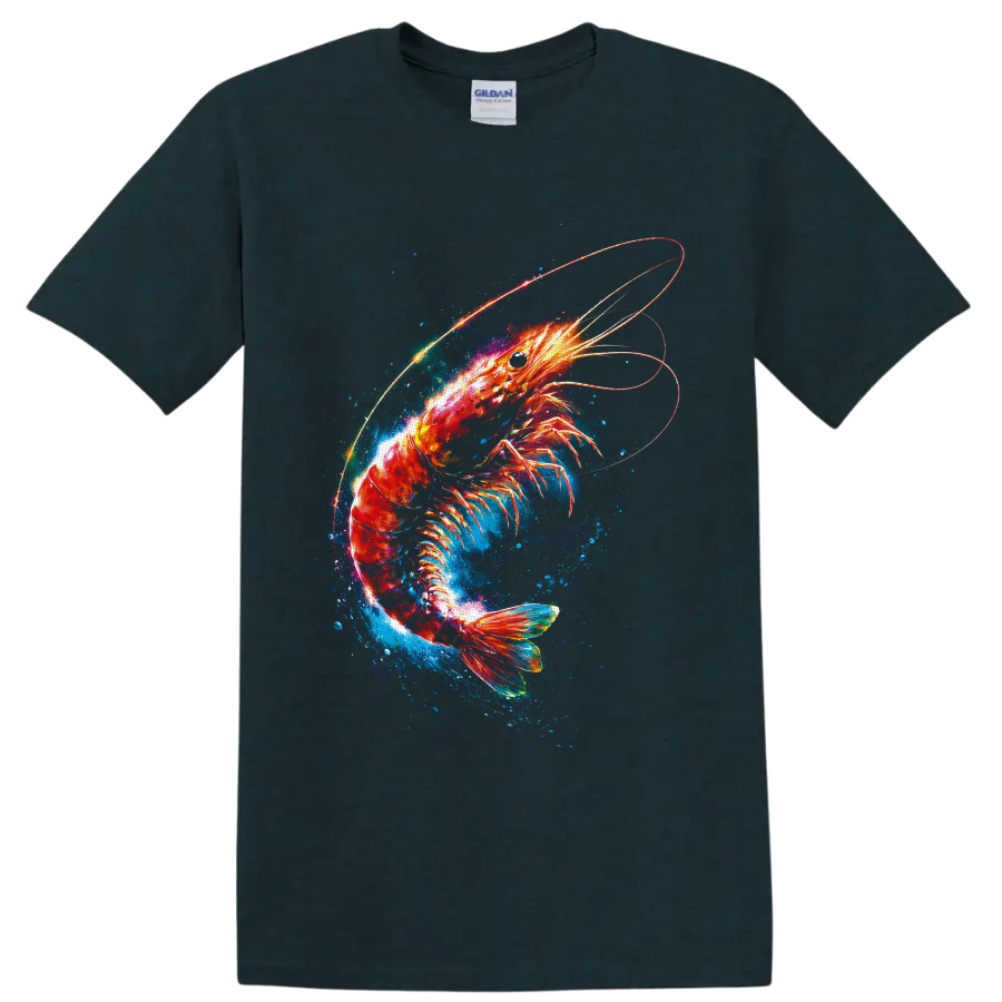 Glowing cosmic shrimp with blue ocean splashes and luminous orbital rings on a Midnight (Green) T Shirt